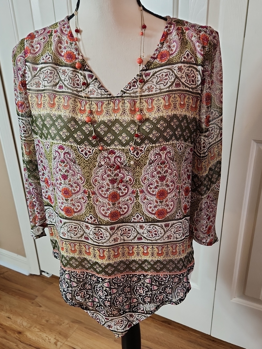 Sara Michelle Olive & Coral Paisley V-Neck Blouse
